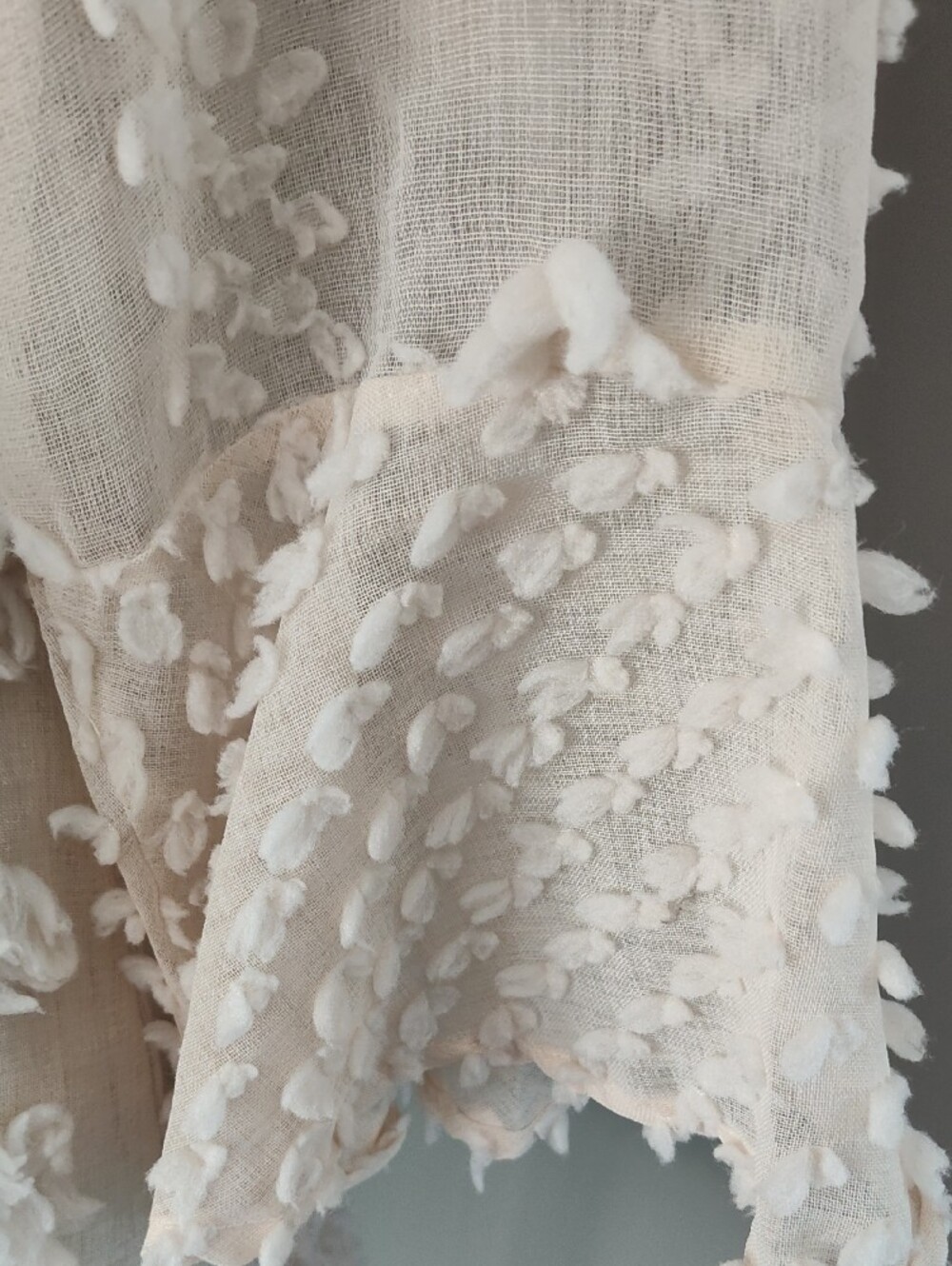 Entro Cream Textured Lined Mini Dress with Floral Appliqués And Bell Sleeves - Picture 6 of 16